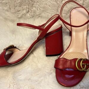 Gucci Red Leather Block Heel Slingback Sandals with Gold GG